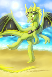 Size: 1500x2250 | Tagged: safe, alternate version, artist:shad0w-galaxy, oc, oc only, oc:daravalia, dragon, fictional species, furred dragon, western dragon, feral, beach, body markings, chest fluff, cute, eyelashes, female, fluff, flying, fur, goggles, happy, ocean, open mouth, outdoors, phone, sand, sharp teeth, shoulder bag, slit pupils, solo, solo female, spread wings, summer, tail, teeth, tropical, water, webbed wings, wings, yellow eyes
