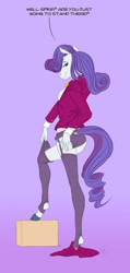 Size: 476x1000 | Tagged: suggestive, artist:carnifex, rarity (mlp), equine, fictional species, mammal, pony, unicorn, anthro, unguligrade anthro, friendship is magic, hasbro, my little pony, 2011, anthrofied, bedroom eyes, clothes, female, garter belt, hooves, horn, jacket, legwear, lidded eyes, panties, smiling, solo, solo female, stockings, tail, thigh highs, toeless legwear, topwear, underwear