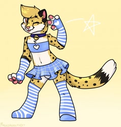 Size: 1216x1280 | Tagged: safe, artist:magicdawolfy, oc, oc only, oc:boost (mitchd03), cheetah, feline, mammal, anthro, 2017, amber eyes, arm warmer, arm warmers, beige background, bell, blep, bottomwear, clothes, collar, crop top, featureless crotch, femboy, fur, legwear, male, one eye closed, paw pads, paws, simple background, skirt, socks, solo, solo male, striped arm warmers, striped clothes, striped legwear, tail, thigh highs, tongue, tongue out, topwear, underpaw, winking