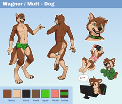 Size: 1200x1017 | Tagged: safe, artist:wagnermutt, oc, oc only, oc:wagnermutt, canine, dog, mammal, anthro, digitigrade anthro, nintendo, nintendo switch, 2019, butt, clothes, collar, computer, front view, fur, gradient background, green eyes, happy, male, open mouth, paw pads, paws, raised leg, rear view, reference sheet, solo, solo male, tail, teeth, underpaw, underwear