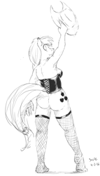 Size: 600x1050 | Tagged: suggestive, artist:suule, applejack (mlp), earth pony, equine, fictional species, mammal, pony, anthro, plantigrade anthro, friendship is magic, hasbro, my little pony, anthrofied, armpits, bottomless, butt, clothes, corset, female, fishnet, fishnet stockings, fishnets, legwear, looking at you, looking back, monochrome, nudity, partial nudity, rear view, see-through, sex, sketch, smiling, solo, solo female, stockings, tail