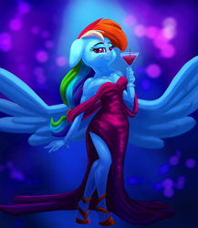 Size: 1732x2000 | Tagged: safe, artist:discorded, rainbow dash (mlp), equine, fictional species, mammal, pegasus, pony, anthro, unguligrade anthro, cc by-nc-sa, creative commons, friendship is magic, hasbro, my little pony, 2018, abstract background, alcohol, anthrofied, breasts, cleavage, clothes, dress, drink, feathered wings, feathers, female, floppy ears, glass, hand hold, holding, hooves, lidded eyes, magenta eyes, muscles, off shoulder, purple eyes, side slit, smiling, solo, solo female, spread wings, wine, wings