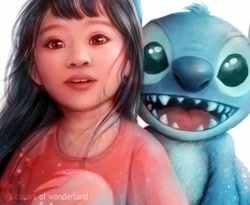 Size: 900x739 | Tagged: dead source, safe, artist:colors of wonderland, lilo pelekai (lilo & stitch), stitch (lilo & stitch), alien, experiment (lilo & stitch), fictional species, human, mammal, semi-anthro, disney, lilo & stitch, clothes, duo, duo male and female, female, hair, looking at you, male, open mouth, open smile, realistic, sharp teeth, shirt, smiling, teeth, topwear, watermark, young