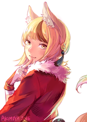 Size: 500x702 | Tagged: safe, artist:akimiya, selkie (fire emblem), animal humanoid, canine, fictional species, fox, kitsune (fire emblem), mammal, humanoid, fire emblem, fire emblem fates, nintendo, amber eyes, bust, clothes, digital art, ear fluff, female, fluff, jacket, looking at you, simple background, solo, solo female, tail, topwear, white background