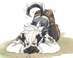 Size: 1024x818 | Tagged: safe, artist:hallco, keaton (fire emblem), animal humanoid, canine, fictional species, mammal, wolf, wolfskin (fire emblem), humanoid, fire emblem, fire emblem fates, nintendo, bottomwear, brown eyes, clothes, digital art, face down ass up, ground, low quality, male, pants, shirt, short tail, simple background, solo, solo male, tail, topwear, white background