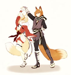 Size: 1068x1136 | Tagged: safe, artist:mazzori, kaden (fire emblem), selkie (fire emblem), animal humanoid, canine, fictional species, fox, kitsune (fire emblem), mammal, humanoid, fire emblem, fire emblem fates, nintendo, bottomwear, clothes, dancing, daughter, digital art, duo, ear fluff, father, father and daughter, feet, female, fluff, male, orange eyes, pants, simple background, tail, white background