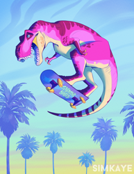 Size: 800x1036 | Tagged: safe, artist:simkaye, dinosaur, reptile, theropod, tyrannosaurus rex, feral, 2020, 2d, ambiguous gender, claws, color porn, jumping, midair, open mouth, palm tree, sharp teeth, signature, skateboard, skateboarding, solo, solo ambiguous, tail, teeth, tree