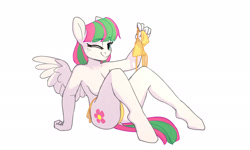 Size: 2520x1512 | Tagged: suggestive, artist:tallaferroxiv, blossomforth (mlp), equine, fictional species, mammal, pegasus, pony, anthro, unguligrade anthro, friendship is magic, hasbro, my little pony, 2019, anthrofied, bikini, blue eyes, breasts, clothes, eye clipping through hair, eye through hair, feathered wings, feathers, female, freckles, hooves, leaning back, looking at you, nudity, one eye closed, partial nudity, simple background, sitting, smiling, solo, solo female, spread wings, swimsuit, tail, topless, undressing, white background, wings, winking