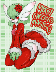 Size: 776x1000 | Tagged: dead source, safe, artist:slugbox, fictional species, gardevoir, anthro, nintendo, pokémon, 2012, abstract background, christmas, clothes, costume, female, holiday, kneeling, legwear, lipstick, looking at you, makeup, master, red eyes, santa costume, smiling, solo, solo female, talking, thigh highs