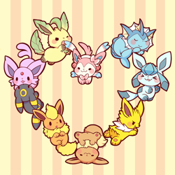 Size: 1400x1400 | Tagged: safe, artist:huiro, eevee, eeveelution, espeon, fictional species, flareon, glaceon, jolteon, leafeon, mammal, sylveon, umbreon, vaporeon, feral, nintendo, pokémon, 2014, ambiguous gender, ambiguous only, blushing, chibi, cute, fangs, fluff, group, heart, neck fluff, open mouth, paw pads, paws, simplistic anus, tail, underpaw, upside down, yellow background
