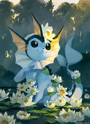 Size: 1305x1800 | Tagged: safe, artist:bluekomadori, eeveelution, fictional species, mammal, vaporeon, feral, nintendo, pokémon, 2016, 2d, :3, ambiguous gender, complete nudity, cute, fins, flower, flower on head, happy, looking at something, nudity, on model, phone, raised leg, scenery, signature, sitting, smiling, solo, solo ambiguous, sunbeam, tail, water