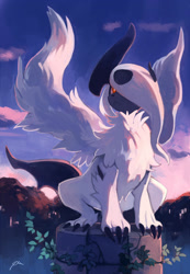 Size: 1000x1444 | Tagged: safe, artist:bluekomadori, absol, fictional species, mammal, mega absol, mega pokémon, feral, nintendo, pokémon, 2014, ambiguous gender, claws, leaf, looking at something, on model, outdoors, plant, red eyes, scenery, signature, sitting, solo, solo ambiguous, spread wings, tail, wings