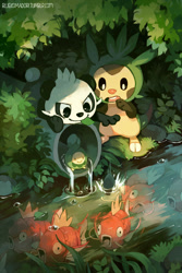 Size: 1333x2000 | Tagged: safe, artist:bluekomadori, animate plant, budew, chespin, fictional species, fish, magikarp, pancham, feral, nintendo, pokémon, 2015, ambiguous gender, dropping object, featured image, fins, group, holding, leaf, looking at something, mischievous, mouth hold, nature, nature background, naughty face, on model, open mouth, paws, phone, pipe (plumbing), plant, prank, river, rock, scenery, signature, starter pokémon, tail, water