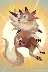 Size: 1280x1920 | Tagged: safe, artist:bluekomadori, fictional species, lycanroc, mammal, midday lycanroc, feral, nintendo, pokémon, 2016, abstract background, ambiguous gender, blue eyes, chest fluff, claws, fluff, fluffy, fluffy tail, looking at you, neck fluff, on model, paw pads, paws, phone, scenery, signature, sky, solo, solo ambiguous, sun, tail, tongue, tongue out, underpaw