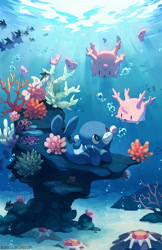 Size: 1300x2010 | Tagged: safe, artist:bluekomadori, corsola, fictional species, finneon, luvdisc, mammal, popplio, feral, nintendo, pokémon, 2016, ambiguous gender, bubbles, color porn, content, coral, fins, group, happy, looking at something, on model, phone, signature, starter pokémon, stone, sunbeam, tail, underwater