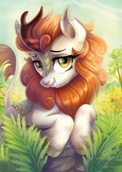 Size: 800x1131 | Tagged: safe, artist:yulyeen, autumn blaze (mlp), equine, fictional species, kirin, mammal, feral, friendship is magic, hasbro, my little pony, 2019, amber eyes, cloven hooves, ear fluff, eyelashes, female, fluff, grass, hooves, horn, leonine tail, lidded eyes, looking at you, neck fluff, smiling, solo, solo female, tail