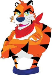 Size: 600x861 | Tagged: safe, artist:mpechmanga, tony the tiger (kellogg's), big cat, feline, mammal, tiger, anthro, kellogg's, 2015, bandanna, blue eyes, clothes, colored sclera, crossed arms, looking at you, male, open mouth, simple background, solo, solo male, whiskers, white background, yellow sclera