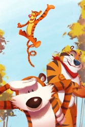 Size: 700x1051 | Tagged: safe, artist:andry-shango, hobbes (calvin and hobbes), tigger (winnie-the-pooh), tony the tiger (kellogg's), big cat, feline, mammal, tiger, anthro, semi-anthro, calvin and hobbes, disney, kellogg's, winnie-the-pooh, 2010, bandanna, clothes, crossed arms, dot eyes, group, jumping, male, motion blur, outdoors, spread arms, tail, tree, trio