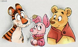 Size: 2015x1223 | Tagged: dead source, safe, artist:ammys-art, piglet (winnie-the-pooh), tigger (winnie-the-pooh), winnie-the-pooh (winnie-the-pooh), bear, big cat, feline, living plushie, mammal, pig, suid, tiger, semi-anthro, disney, winnie-the-pooh, 2d, abstract background, clothes, group, looking at each other, looking up, male, patch (fabric), plushie, scarf, seam, signature, trio, whiskers