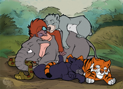 Size: 700x506 | Tagged: safe, artist:kurozora-konoi, bagheera (the jungle book), baloo (the jungle book), hathi (the jungle book), kaa (the jungle book), king louie (the jungle book), shere khan (the jungle book), ape, bear, big cat, black panther, elephant, feline, leopard, mammal, monkey, orangutan, primate, python, reptile, sloth bear, snake, tiger, feral, disney, jungle cubs, the jungle book, 2016, 2d, claws, cute, group, male, males only, outdoors, paws, pile, short tail, sleeping, tail, tusks, young