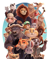 Size: 900x1095 | Tagged: safe, artist:tragobear, benjamin clawhauser (zootopia), chief bogo (zootopia), dawn bellwether (zootopia), duke weaselton (zootopia), emmitt otterton (zootopia), fabienne growley (zootopia), finnick (zootopia), flash slothmore (zootopia), fru fru (zootopia), gazelle (zootopia), judy hopps (zootopia), leodore lionheart (zootopia), mr. big (zootopia), mrs. otterton (zootopia), nick wilde (zootopia), stu hopps (zootopia), tiger dancer (zootopia), yax (zootopia), antelope, arctic shrew, bear, big cat, bovid, buffalo, canine, cape buffalo, caprine, cheetah, feline, fennec fox, fox, gazelle, lagomorph, lion, mammal, mustelid, otter, panda, rabbit, red fox, sheep, sloth, snow leopard, three-toed sloth, weasel, yak, anthro, disney, zootopia, 2016, 2d, brown eyes, claws, clothes, cute, female, glasses, green eyes, group, hair, hat, horns, large group, looking at you, male, mane, microphone, open mouth, paw pads, paws, police, police uniform, purple eyes, singing, sunglasses, underpaw, uniform, zpd