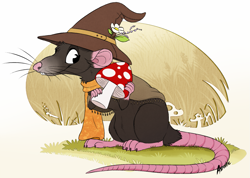 Size: 1109x790 | Tagged: safe, artist:aseethe, mammal, rat, rodent, feral, amanita muscaria, ambiguous gender, barefoot, brown body, brown fur, claws, clothes, flower, flower on head, fur, grass, hairless tail, hat, holding, looking sideways, mushroom, outdoors, paw hold, paws, pink nose, pink skin, scarf, signature, sitting, skin, solo, solo ambiguous, tail, teeth, toe claws, toes, wheat, whiskers