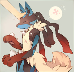 Size: 691x667 | Tagged: safe, artist:六守, fictional species, human, lucario, mammal, mega lucario, mega pokémon, anthro, nintendo, pokémon, 2014, ambiguous gender, duo, duo ambiguous, fluff, hand on head, neck fluff, offscreen character, paw pads, paws, petting, solo focus, speech bubble, underpaw