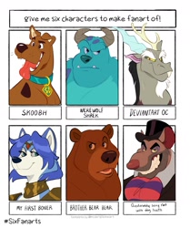 Size: 1508x1800 | Tagged: suggestive, artist:itakeyourlemons, discord (mlp), james p. sullivan (monsters inc.), kenai (brother bear), krystal (star fox), ratigan (the great mouse detective), scooby-doo (scooby-doo), bear, canine, dog, draconequus, fictional species, fox, great dane, mammal, monster, rat, rodent, unnamed monster species, anthro, feral, semi-anthro, six fanarts, brother bear, disney, friendship is magic, hanna-barbera, hasbro, monsters inc., my little pony, nintendo, pixar, scooby-doo (franchise), star fox, the great mouse detective, 2020, antlers, clothes, collar, crossover, fangs, female, fur, goatee, grin, group, hair, horns, jewelry, male, mane, name tag, open mouth, pet tag, phone, sharp teeth, teeth, text, tongue, tongue out, vixen