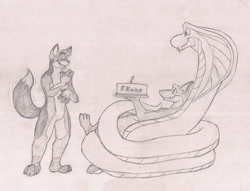 Size: 1028x784 | Tagged: safe, artist:jrogenshin, oc, oc only, oc:jrogenshin, oc:nomad (ekanssssssssss), canine, cobra, dragon, fictional species, mammal, reptile, snake, wolf, anthro, 2010, ambiguous gender, birthday cake, cake, coiling, fluff, food, fur, grayscale, group, hand hold, holding, male, monochrome, pencil drawing, simple background, size difference, snake tail, tail, tail wag, traditional art, trio, white background