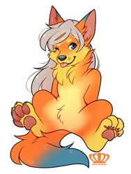 Size: 599x797 | Tagged: safe, artist:princessharumi, oc, oc only, oc:salatranir, canine, mammal, wolf, anthro, 2016, blep, blue eyes, chibi, commission, featureless crotch, fluff, hair, looking at you, male, neck fluff, nudity, one eye closed, paw pads, paws, scar, simple background, sitting, smiling, solo, solo male, species swap, tail, tongue, tongue out, underpaw, white background, ych result