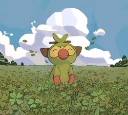 Size: 2048x1831 | Tagged: safe, artist:pigeoncindy_, fictional species, grookey, mammal, monkey, feral, nintendo, pokémon, 2019, ambiguous gender, cloud, clover, eyes closed, four leaf clover, grass, happy, leaf, outdoors, relaxing, scenery, solo, solo ambiguous, standing, starter pokémon, tree