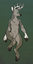 Size: 535x1027 | Tagged: safe, artist:matuska, oc, oc only, oc:lime (fellout), cervid, deer, mammal, anthro, 2013, abstract background, antlers, cloven hooves, dewclaw, featureless crotch, green eyes, hooves, looking sideways, lying down, male, no pupils, on back, short tail, solo, solo male, tail, top view