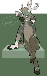 Size: 526x850 | Tagged: safe, artist:deersoup, oc, oc only, oc:lime (fellout), cervid, deer, mammal, anthro, 2014, abstract background, alpha channel, antlers, chest fluff, cloven hooves, ear fluff, english text, fluff, green eyes, hooves, looking at you, male, neck fluff, onomatopoeia, partially transparent background, short tail, solo, solo male, speech bubble, tail, text, transparent background