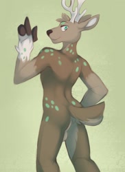 Size: 934x1280 | Tagged: suggestive, artist:harlem, oc, oc only, oc:lime (fellout), cervid, deer, mammal, anthro, antlers, balls, butt, cloven hooves, hooves, looking at you, looking back at you, male, nudity, rear view, short tail, solo, solo male, tail