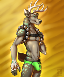 Size: 1066x1280 | Tagged: suggestive, artist:vallhund, oc, oc only, oc:lime (fellout), cervid, deer, mammal, anthro, 2014, abstract background, antlers, bell, bulge, chest fluff, clothes, cloven hooves, colored pupils, ear fluff, fluff, green eyes, hooves, looking at you, male, neck fluff, pubic fluff, short tail, smiling, solo, solo male, tail, underwear, watermark