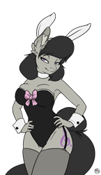 Size: 1127x1948 | Tagged: dead source, safe, artist:feardakez, octavia melody (mlp), earth pony, equine, fictional species, mammal, pony, anthro, friendship is magic, hasbro, my little pony, alpha channel, anthrofied, bedroom eyes, breasts, bunny ears, bunny suit, choker, clothes, cuffs (clothes), fake ears, female, garter belt, garters, legwear, leotard, lidded eyes, looking at you, phone, playboy bunny, purple eyes, simple background, smiling, solo, solo female, stockings, tail, transparent background