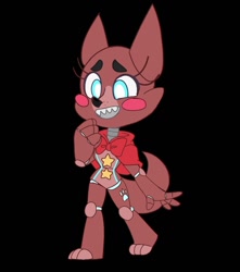 Size: 900x1020 | Tagged: safe, artist:loudlygay, oc, oc only, oc:willow (loudlygay), animatronic, canine, fox, mammal, robot, anthro, five nights at freddy's, 2020, ambiguous gender, black background, blue eyes, blushing, bow tie, clothes, open mouth, sharp teeth, simple background, smiling, solo, solo ambiguous, tail, teeth