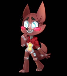 Size: 900x1020 | Tagged: safe, alternate version, artist:loudlygay, oc, oc only, oc:willow, animatronic, canine, fox, mammal, robot, anthro, five nights at freddy's, 2020, ambiguous gender, black background, blue eyes, bow tie, clothes, colored pupils, glowing, glowing eyes, open mouth, simple background, smiling, solo, solo ambiguous, tail