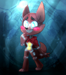 Size: 900x1020 | Tagged: safe, alternate version, artist:loudlygay, oc, oc only, oc:willow, animatronic, canine, fox, mammal, robot, anthro, five nights at freddy's, 2020, ambiguous gender, blue eyes, bow tie, clothes, color porn, glowing, glowing eyes, open mouth, smiling, solo, solo ambiguous, tail