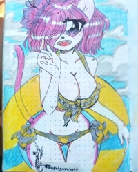 Size: 1080x1350 | Tagged: suggestive, artist:lucy_crisol, cat, feline, mammal, anthro, sega, 2020, bikini, breasts, butt, clothes, cloud, female, hair, hair over one eye, irl, photo, photographed artwork, purple eyes, signature, smiling, solo, solo female, tail, traditional art, underass