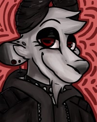 Size: 749x937 | Tagged: oc needed, safe, artist:mdotjpeg, oc, oc only, bovid, goat, mammal, anthro, 2020, abstract background, bust, choker, clothes, eyelashes, horizontal pupils, lidded eyes, male, red eyes, smiling, solo, solo male, spiked choker