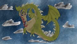 Size: 1080x628 | Tagged: safe, artist:pin_pan_pin, grim matchstick (cuphead), dragon, fictional species, reptile, western dragon, feral, cuphead, 2020, ambiguous gender, claws, cloud, colored sclera, flying, open mouth, rain, sharp teeth, signature, solo, solo ambiguous, tail, teeth, tongue, tongue out, wings, yellow eyes