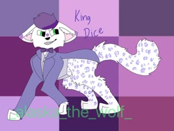 Size: 1080x810 | Tagged: safe, artist:_alaska_the_wolf_, king dice (cuphead), big cat, feline, leopard, mammal, feral, cuphead, 2020, abstract background, bow tie, clothes, feralized, green eyes, male, paws, sharp teeth, smiling, solo, solo male, species swap, tail, teeth, watermark