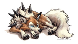 Size: 1464x819 | Tagged: safe, artist:kenket, fictional species, lycanroc, mammal, midday lycanroc, feral, nintendo, pokémon, 2017, ambiguous gender, blue eyes, claws, fluff, fluffy, fluffy tail, lying, paw pads, paws, signature, simple background, solo, solo ambiguous, tail, traditional art, underpaw, white background