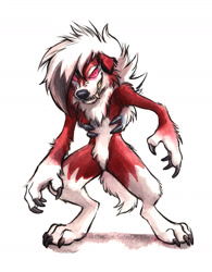 Size: 1099x1407 | Tagged: safe, artist:kenket, fictional species, lycanroc, mammal, midnight lycanroc, anthro, nintendo, pokémon, 2017, ambiguous gender, claws, fluff, lying, paws, red eyes, signature, simple background, solo, solo ambiguous, tail, traditional art, white background
