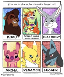 Size: 1080x1287 | Tagged: safe, artist:zenusian, angel (lilo & stitch), audie (animal crossing), beau (animal crossing), bugs bunny (looney tunes), kovu (the lion king), alien, big cat, bovid, canine, cervid, deer, experiment (lilo & stitch), feline, fictional species, lagomorph, lion, lucario, mammal, rabbit, renamon, wolf, anthro, feral, semi-anthro, unguligrade anthro, six fanarts, animal crossing, animal crossing: new horizons, digimon, disney, lilo & stitch, looney tunes, nintendo, pokémon, the lion king, warner brothers, 2020, ambiguous gender, black eyes, blue eyes, bust, clothes, colored sclera, crossover, female, glasses, green eyes, grin, group, hair, hooves, horns, male, mane, open mouth, portrait, red eyes, sharp teeth, smiling, teeth, yellow sclera