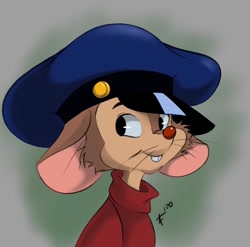 Size: 800x791 | Tagged: safe, artist:beaglebabe1111, fievel mousekewitz (an american tail), mammal, mouse, rodent, anthro, an american tail, sullivan bluth studios, universal pictures, 2020, 2d, abstract background, big ears, bust, clothes, cute, ears, floppy ears, hat, looking sideways, male, signature, smiling, solo, solo male, whiskers, young