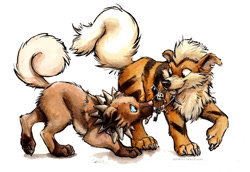 Size: 1460x1004 | Tagged: safe, artist:kenket, canine, dog, fictional species, growlithe, klefki, mammal, rockruff, feral, nintendo, pokémon, 2017, ambiguous gender, black eyes, blue eyes, brown body, brown fur, chest fluff, claws, cream body, cream fur, duo, ears, fluff, fur, group, holding, key, mouth hold, orange body, orange fur, paws, raised leg, scared, simple background, size difference, striped fur, tail, tan body, tan fur, torn ear, traditional art, white background