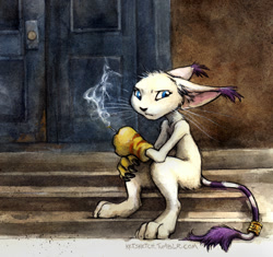 Size: 719x676 | Tagged: safe, artist:kenket, fictional species, gatomon, anthro, digimon, 2015, ambiguous gender, blue eyes, cigarette, claws, clothes, door, ear fluff, ear tuft, floppy ears, fluff, frowning, gloves, holding, jewelry, leonine tail, outdoors, paw hold, paws, signature, sitting, smoking, solo, solo ambiguous, tail, tail jewelry, tail ring, traditional art