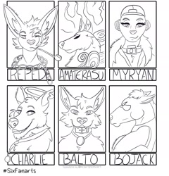Size: 2521x2625 | Tagged: character needed, species needed, safe, artist:nightsabra, amaterasu (okami), balto (balto), bojack horseman (bojack horseman), charlie (all dogs go to heaven), canine, dog, fictional species, fox, german shepherd, hybrid, kitsune, mammal, wolf, wolfdog, anthro, six fanarts, all dogs go to heaven, balto (series), bojack horseman, capcom, okami, sullivan bluth studios, 2020, bust, collar, crossover, eye scar, female, grin, group, halo, high res, holding, line art, male, monochrome, mouth hold, phone, pipe, scar